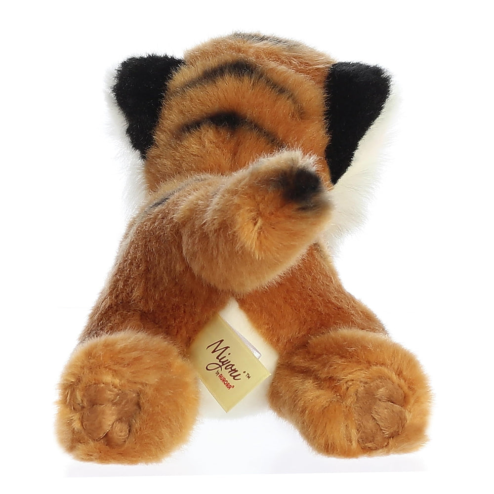 Face detail of Aurora Miyoni Bengal Tiger plush with hand-stitching and safe design.