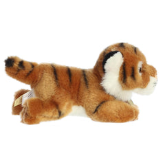 Side view of Aurora Miyoni Bengal Tiger plush highlighting soft textures.