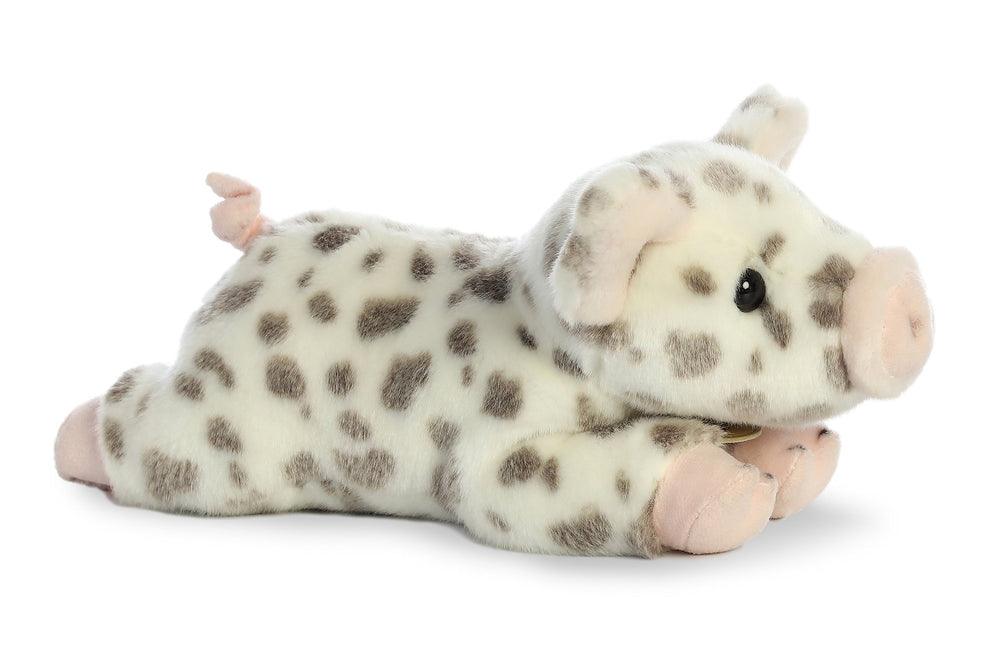 Aurora Miyoni spotted piglet closeup face, fine hand-stitching and expressive features for realistic charm.