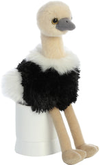 Aurora Ozzi Mini Flopsie ostrich plush in beige and black, a soft cuddle buddy for kids
