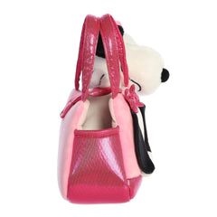 Aurora Belle plush in its plush carrier demonstrates portability for adventures.