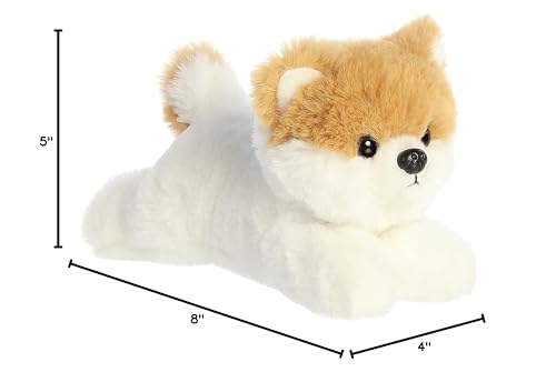 Compact 8-inch Pom the Pup offers a cuddly snuggle partner on shelves and beds.