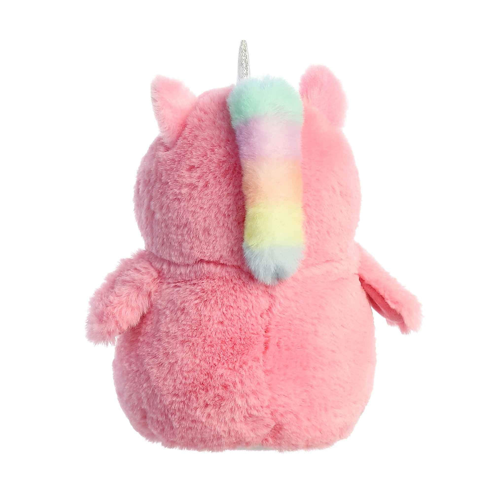 Pink unicorn hoodie detail on Aurora plush enhances cheerful, kid-friendly charm.