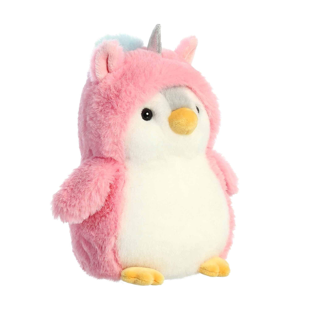 Aurora Pompom Penguin Unicorn plush close-up shows fluffy texture and playful unicorn hood.