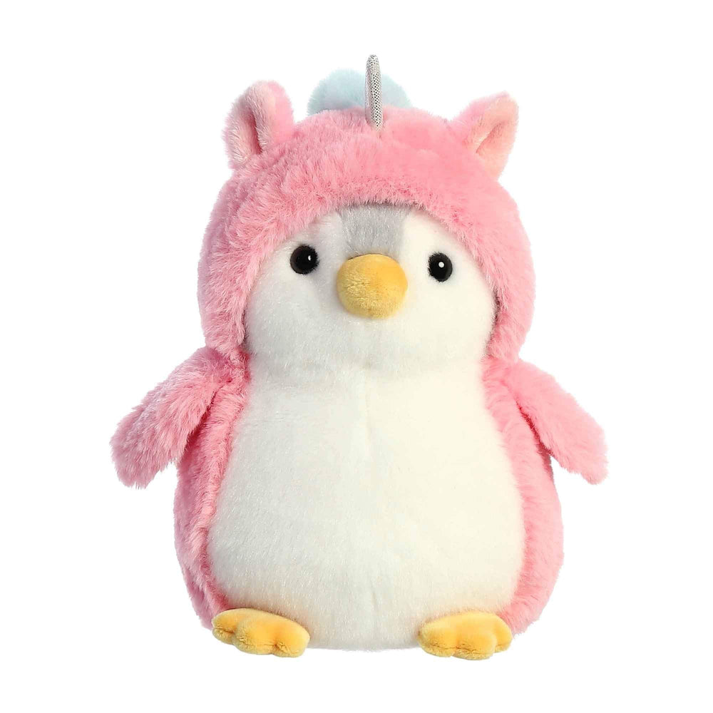 Aurora Pompom Penguin Unicorn in pink hoodie offers soft, cuddly hugs for all ages.
