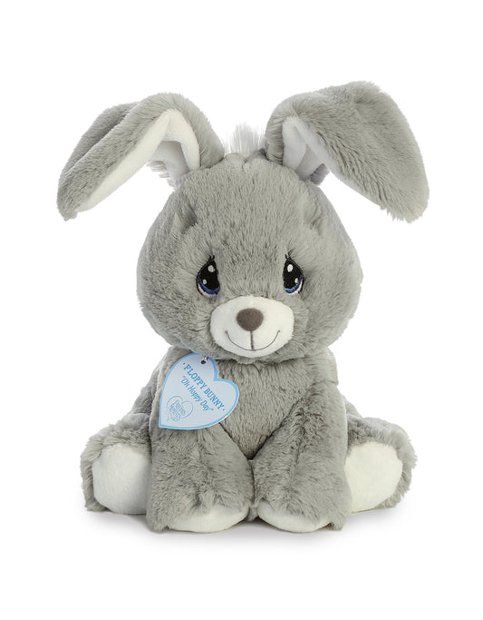 Aurora Precious Moments floppy bunny grey with embroidered eyes, ideal cuddling companion.