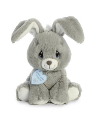 Aurora Precious Moments floppy bunny grey with embroidered eyes, ideal cuddling companion.