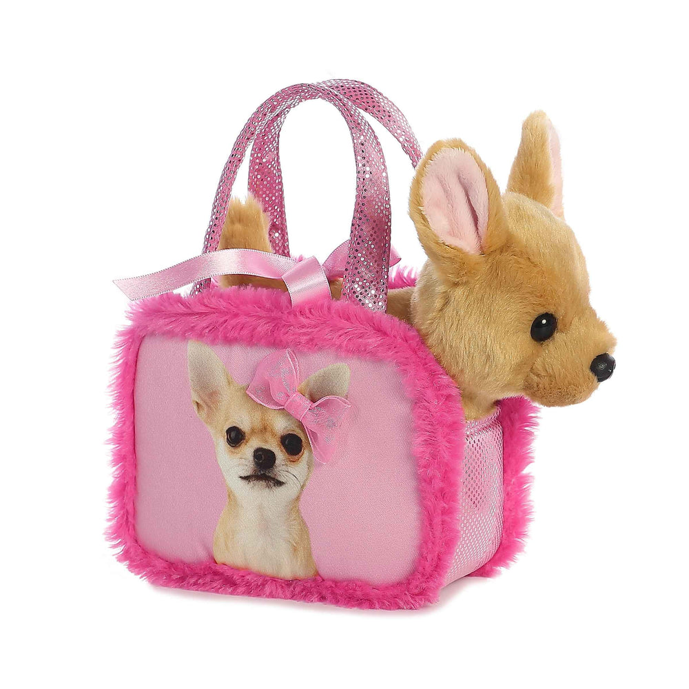 Aurora Pretty in Pink Fancy Pals chihuahua peeking from pink carrier