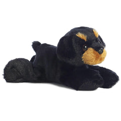 Aurora Raina mini Flopsie rottweiler face with expressive eyes for cuddling and play.