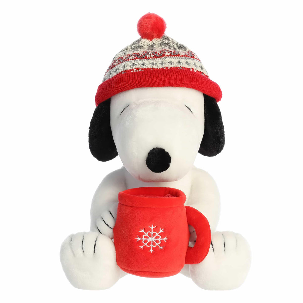Aurora Snoopy winter hat with mug toy, a playful centerpiece for seasonal decor.