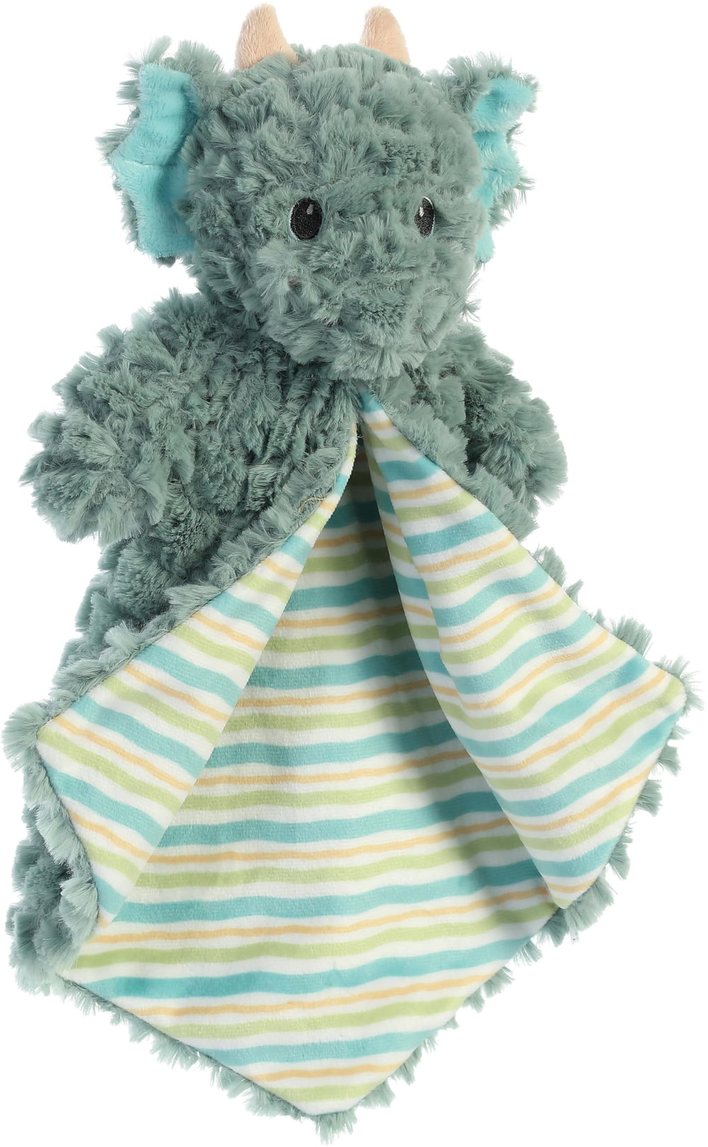 Aurora Jaxon dragon plush lying in crib for bedtime comfort.