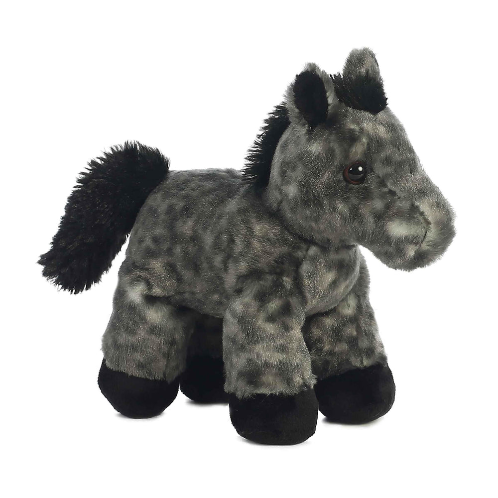Aurora Storm plush with gray speckled fur and gentle expression.