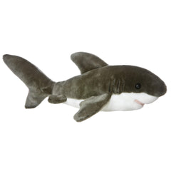 Aurora Tiburon Flopsie plush resting on belly, a cozy cuddle buddy for kids and adults.