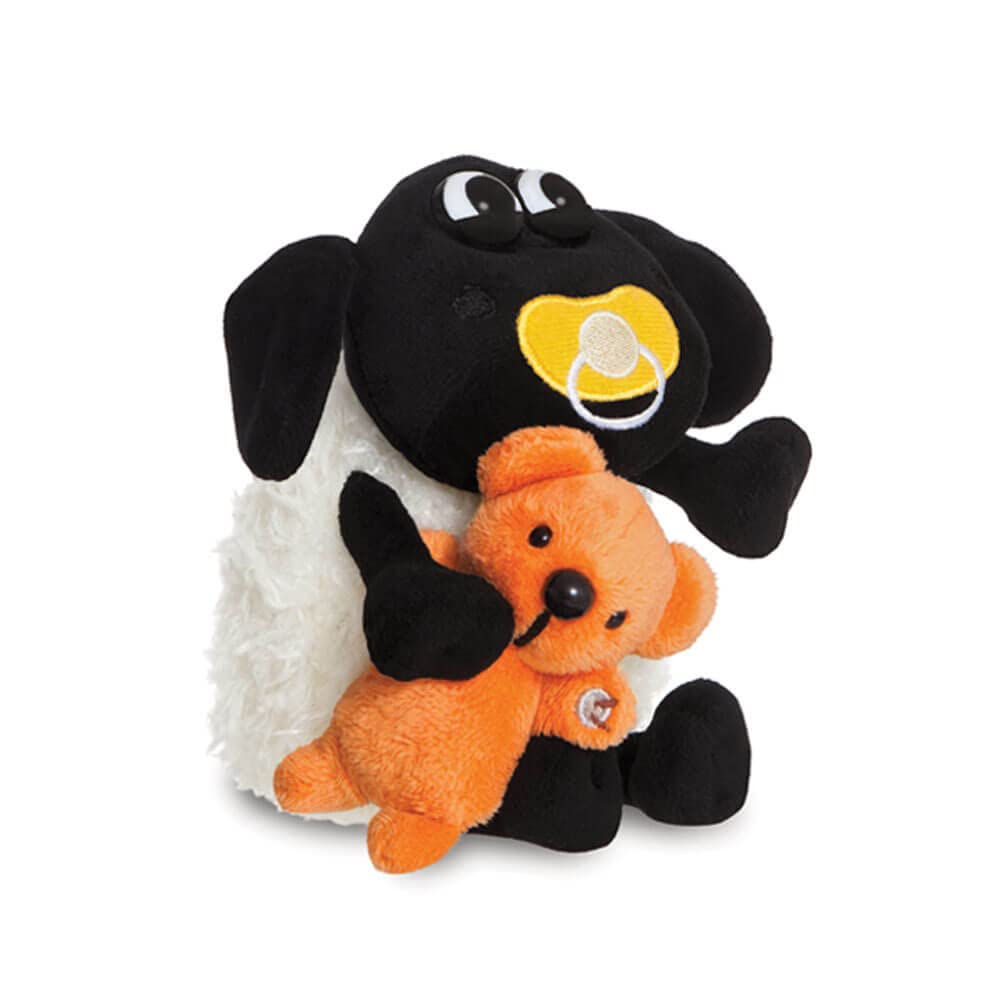 Aurora Timmy sheep holding teddy bear, comforting bedtime friend.