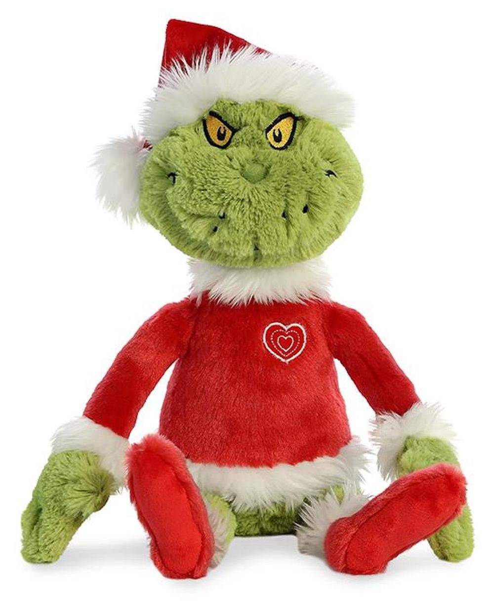 Aurora Grinch Santa plush close-up, fabric texture, cozy cuddle buddy for festive play.