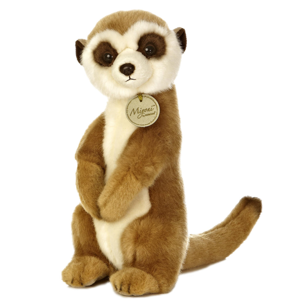 Aurora Miyoni meerkat plush front view shows realistic styling and cuddly texture.