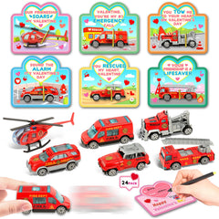 AuroTops die-cast fire rescue vehicles with valentines cards for classroom exchanges.