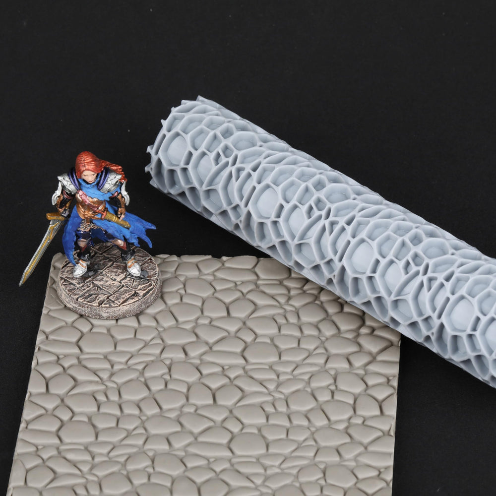 AUSPDICE Terrain Texture Roller cobblestone close-up for realistic terrain pieces.