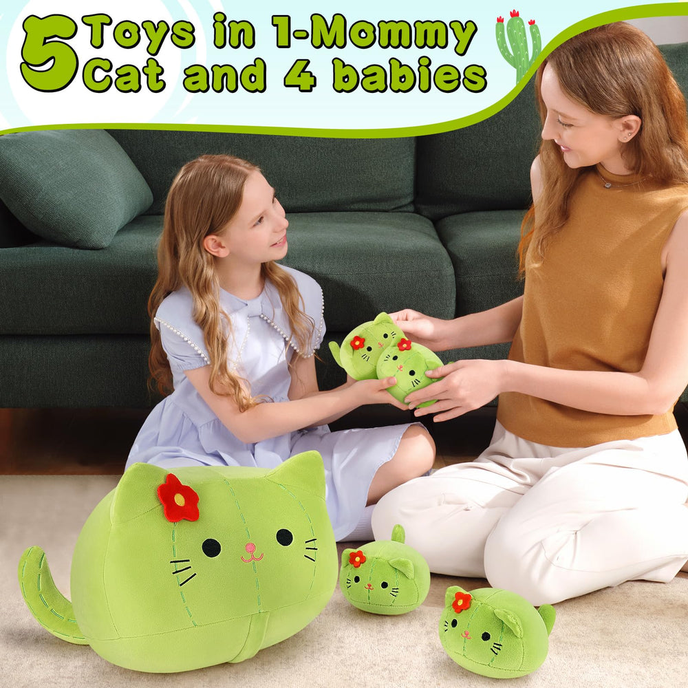 Auspicious Beginning cactus cat plush face detail with large eyes and beard.