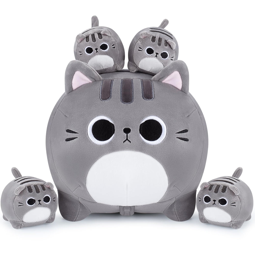 Auspicious Beginning grey cat mommy with kittens plush for cozy hugs.