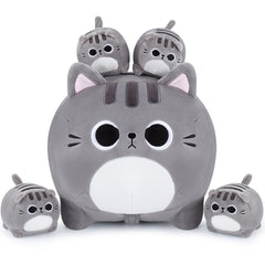 Auspicious Beginning grey cat mommy with kittens plush for cozy hugs.