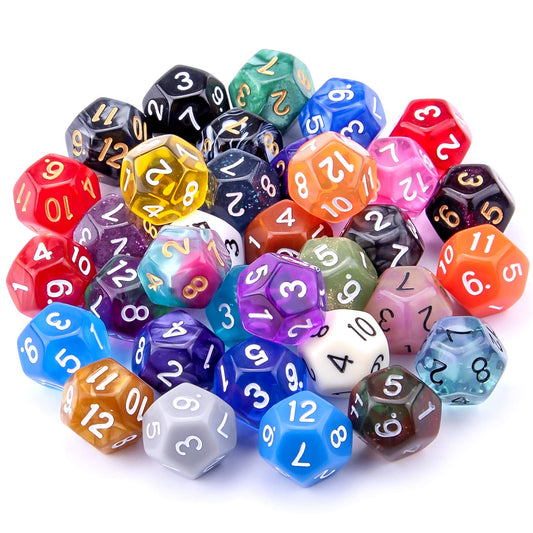 Austor 12-sided dice in mixed colors with bold engraved numbers for easy reading