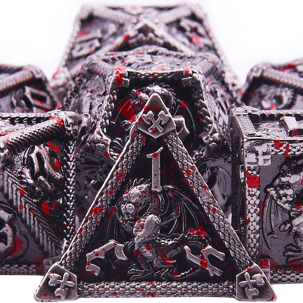 AUSTOR 7-Die Metal DND Dice Set in display box, ready for travel.