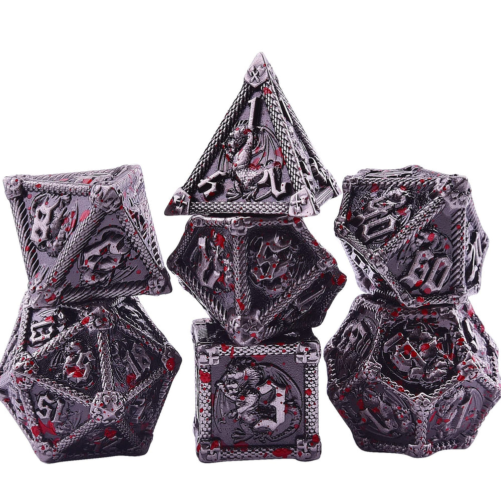 AUSTOR antique iron dice with blood spatter design for dramatic sessions.