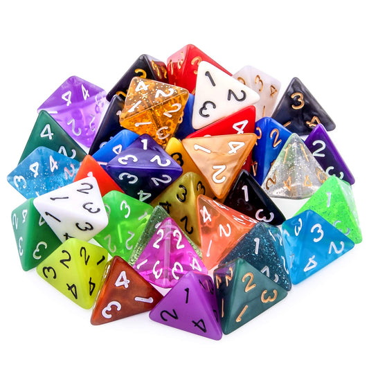 AUSTOR D4 dice set close-up showing varied colors and readable engraved numbers.