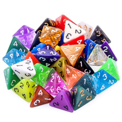 AUSTOR D4 dice set close-up showing varied colors and readable engraved numbers.