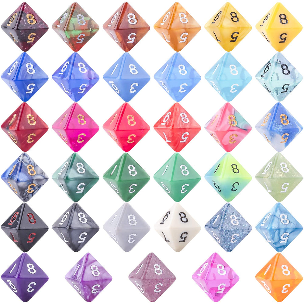 AUSTOR D8 dice with random colors and pearl glitter finishes.
