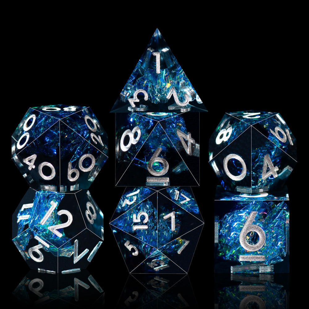 AUSTOR Dark Star Silver dice close-up highlights sharp edges and polished finish