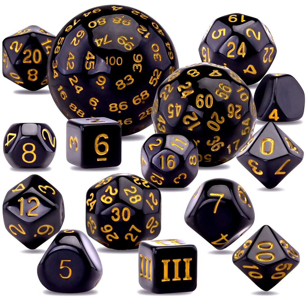 AUSTOR complete 15-piece polyhedral dice set with D3-D100 for RPGs and tabletop play.
