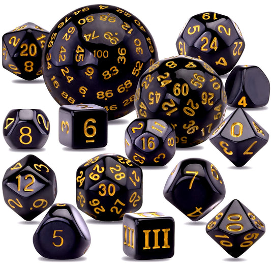 AUSTOR complete 15-piece polyhedral dice set with D3-D100 for RPGs and tabletop play.