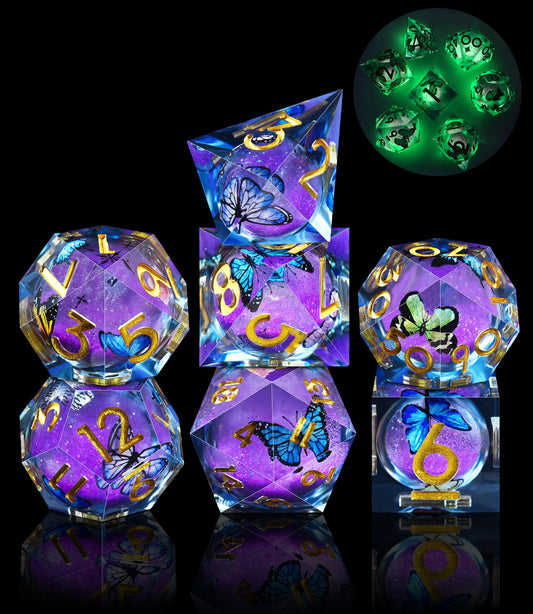 AUSTOR Liquid Core Butterfly D4 dice glows brightly for night-time RPG sessions.