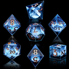 AUSTOR D20 die close-up with vivid blue and gold reflections