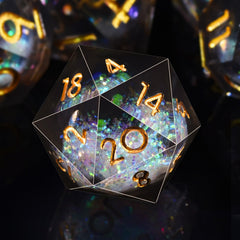 AUSTOR liquid-core DND dice set in black with quicksand effect and polished edges for tabletop RPGs.