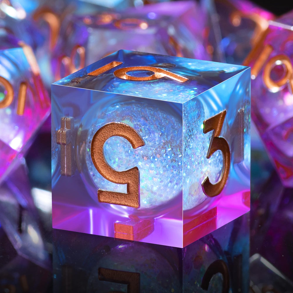 AUSTOR liquid core DND dice set close-up with quicksand effect for immersive gameplay.