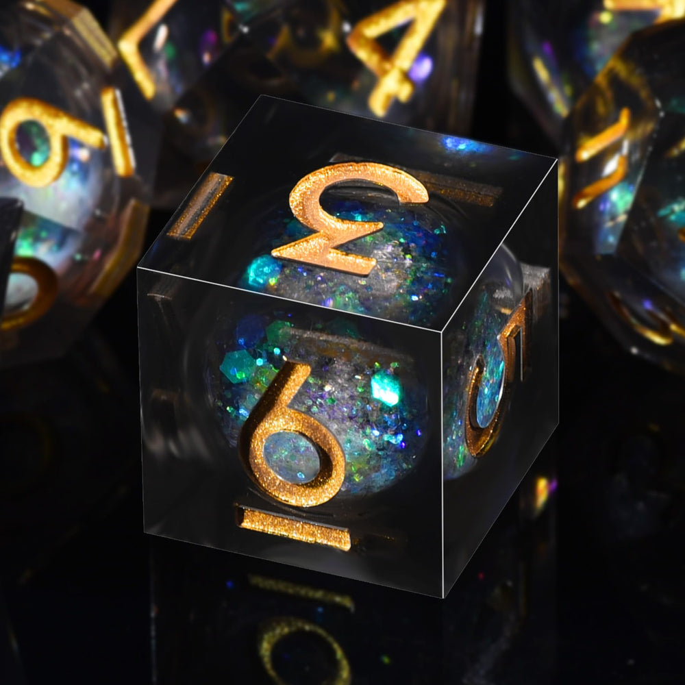AUSTOR DND dice rolling with visible quicksand liquid core effect during gameplay.