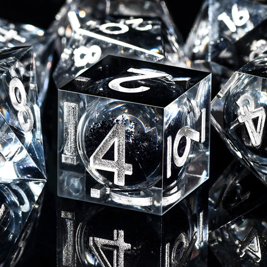 AUSTOR liquid core DND dice set shown in the metal display box