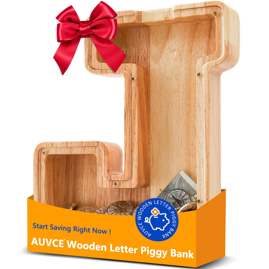 Auvce wooden initial piggy bank with engraving option and natural finish.