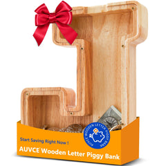 Auvce wooden initial piggy bank with engraving option and natural finish.