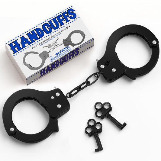 AUYYOSK black metal handcuffs close-up for realistic pretend play with kids.