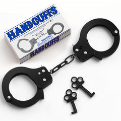 AUYYOSK black metal handcuffs close-up for realistic pretend play with kids.