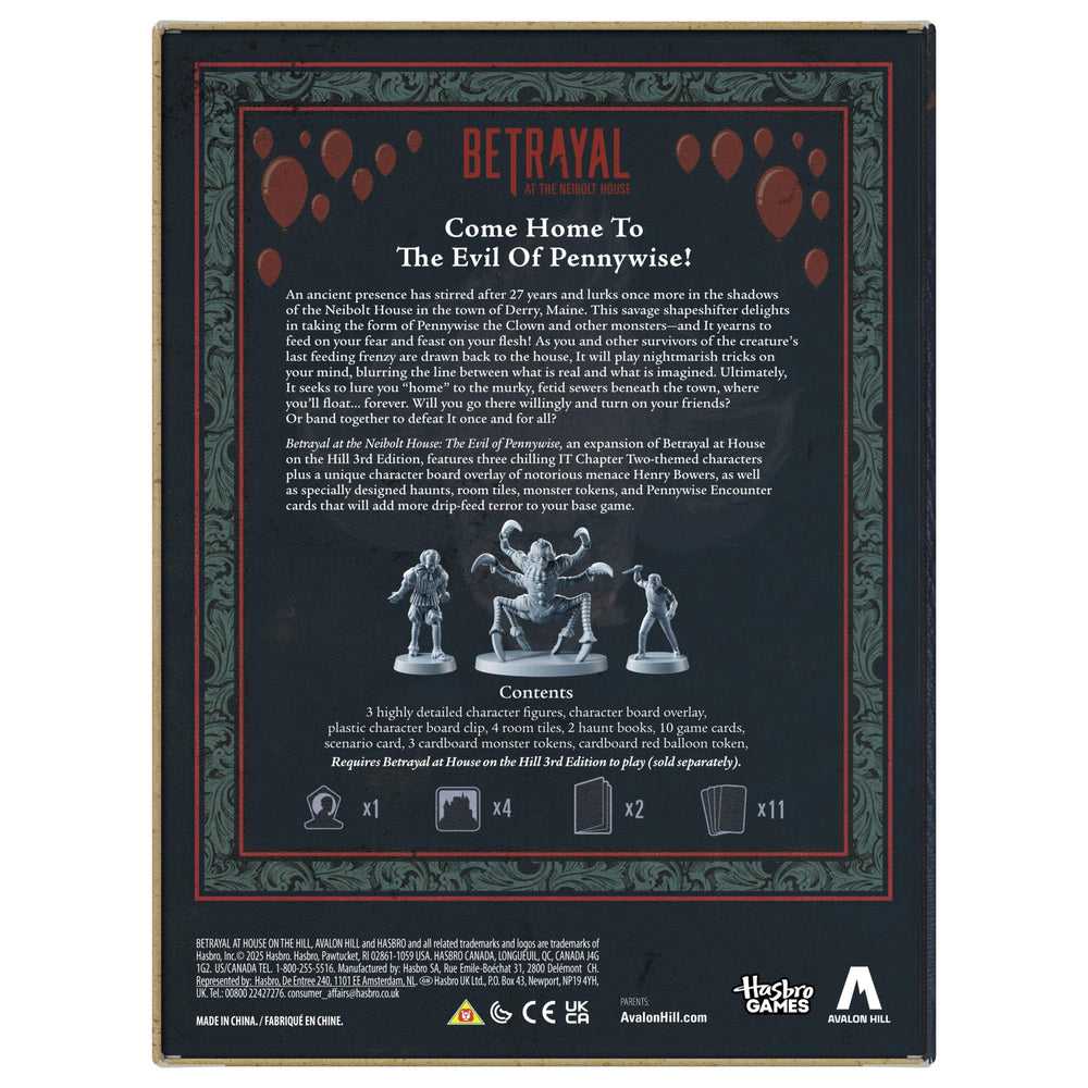 Avalon Hill Betrayal Neibolt House haunts and cards add suspenseful encounters.