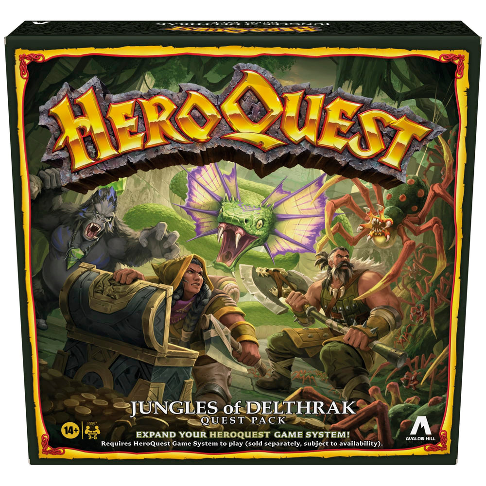 Avalon Hill HeroQuest Jungles of Delthrak cover, immersive fantasy expansion for cooperative play.