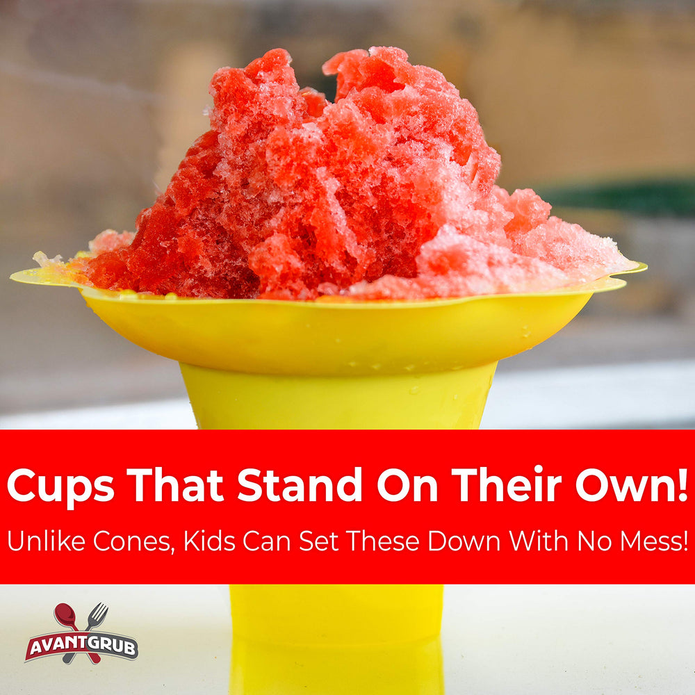 Avant Grub 4oz snow cone cups suit shaved ice, ice cream, and snacks.