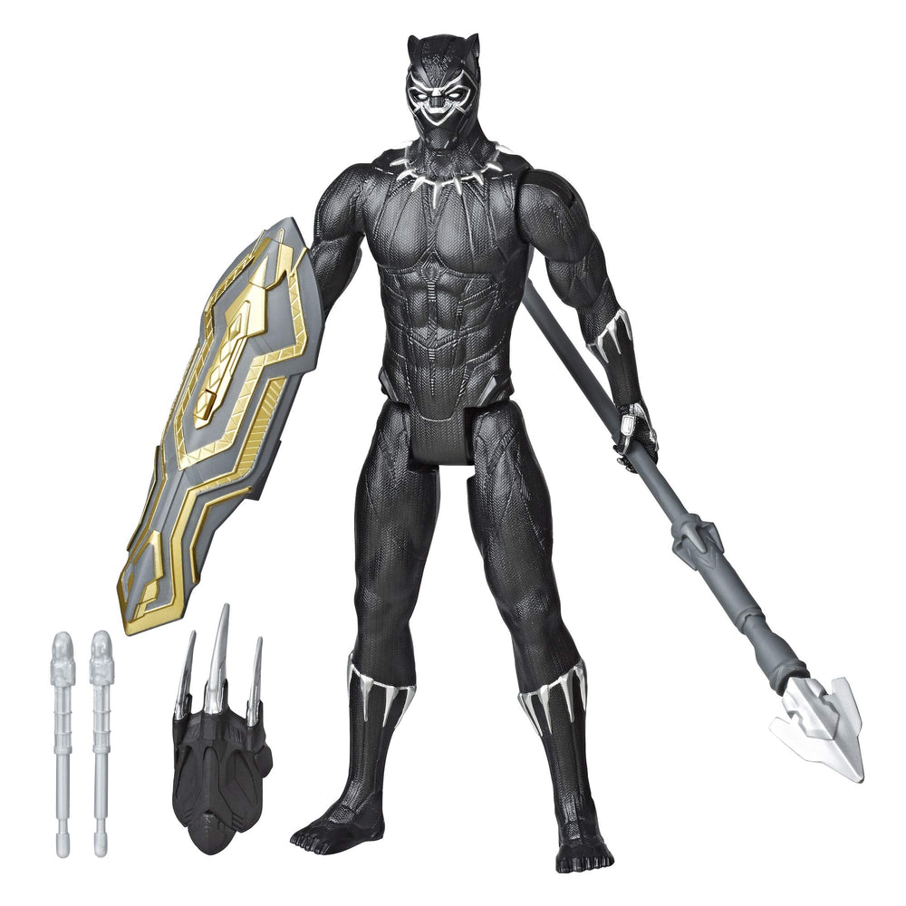 Avengers Black Panther 12-inch figure front view with Blast Gear launcher for action play.