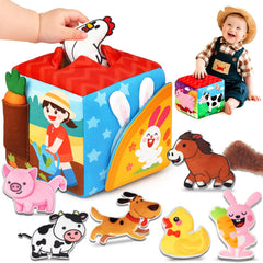 Avesa Baby Toys soft sensory box showing 8 textured objects for early exploration
