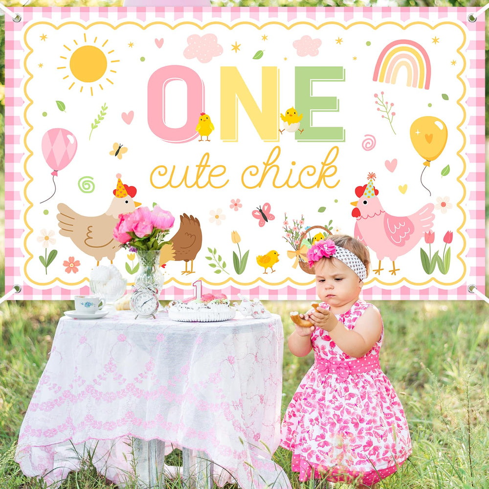 Avezano One Cute Chick Banner size 6x3.6ft creates spacious party backdrops.